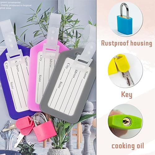 Miniatura 3 de Paquete de 10 candados para equipaje con llave + paquete de 10 etiquetas de viaje, etiquetas de equipaje para maletas, bolsas, etiquetas de nombre,