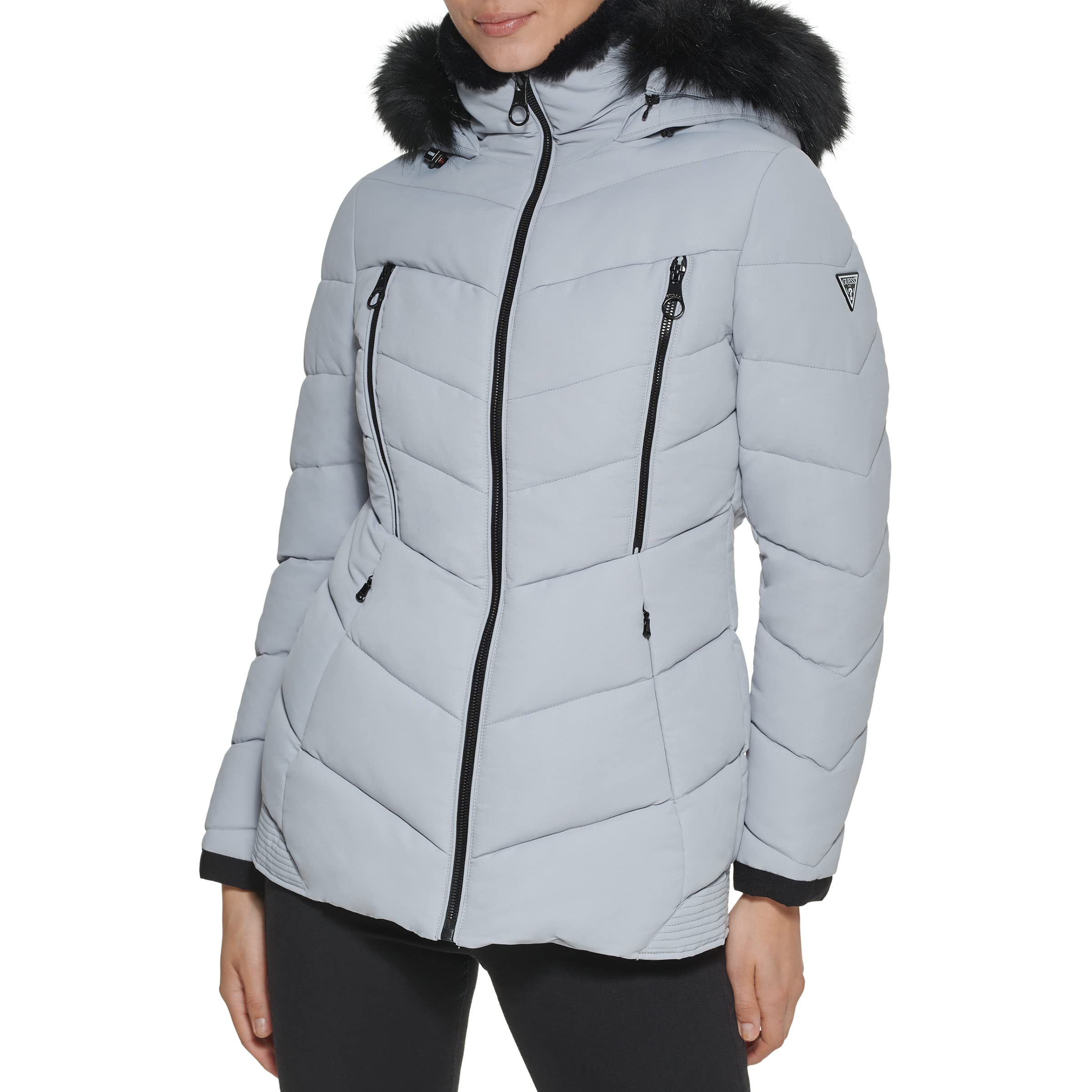 GUESS Women's Midweight Puffer Jacket, Hooded Sterling, M