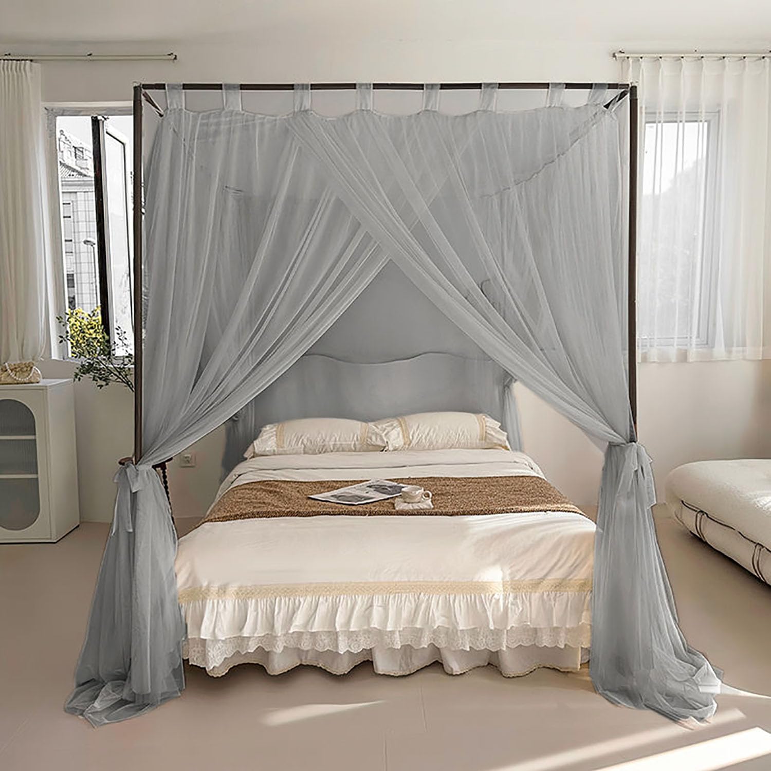 Prinzessin Bett Baldachin Vorhang 4 Ecke Moskitonetz mit 3 Öffnungen für Hochzeit Zimmer Thema Party und Outdoor Camping (Stangen Nicht Inbegriffen),Gray, 1.8 * 2.2m