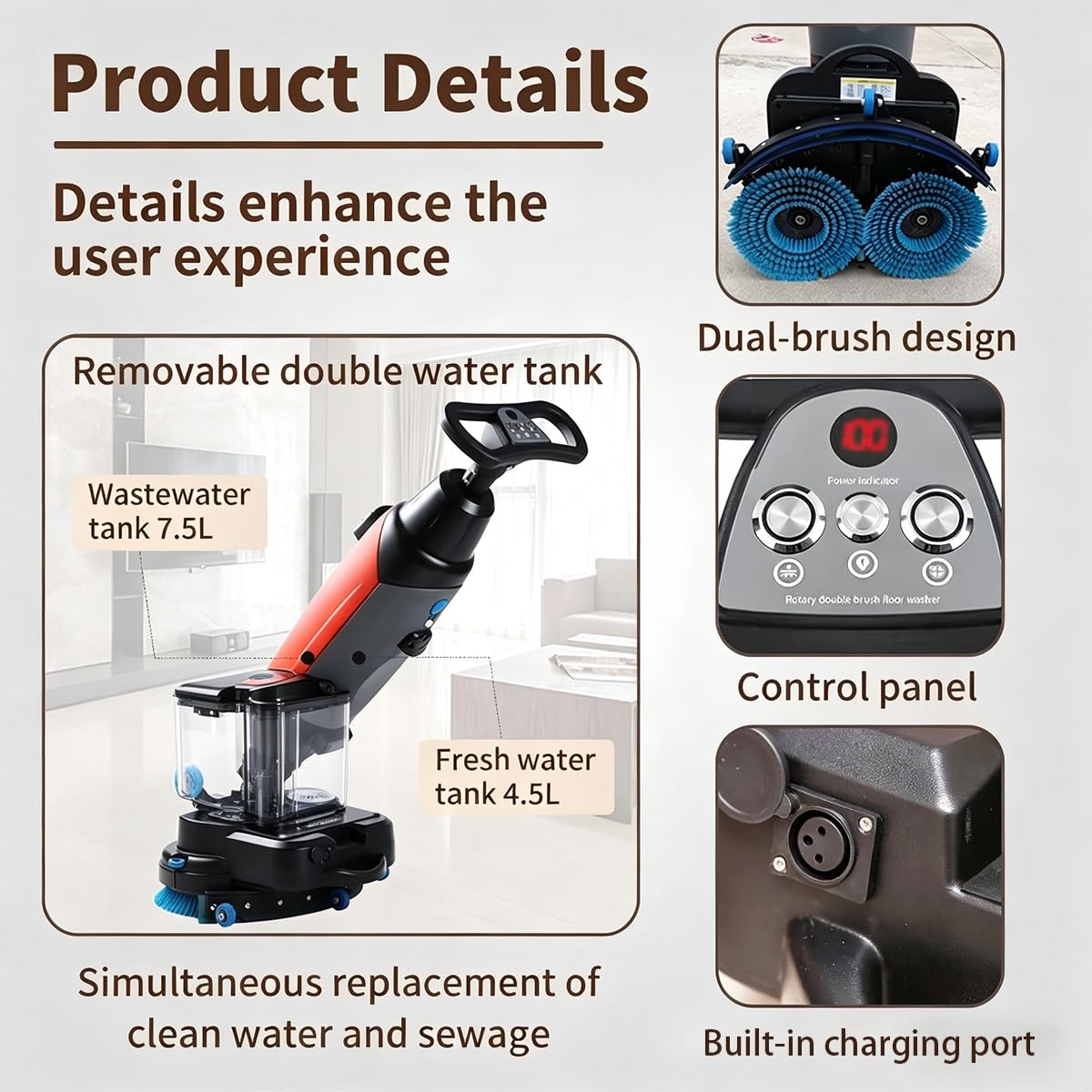 Autolaveuse Professionnelle 17", Double Brosse Rotative, 240 Tr/min, Couverture 1 200 M²/h, Batterie Lithium-ion Rechargeable Sans Fil, For Parquet Et Carrelage
