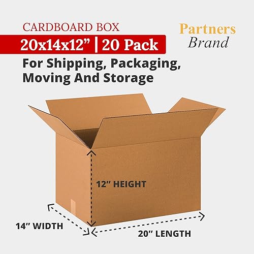 Miniatura 2 de PARTNERS BRAND Cajas de cartón corrugado de 20 x 14 x 12 pulgadas, tamaño mediano de 20 pulgadas de largo x 14 pulgadas de ancho x 12 pulgadas de