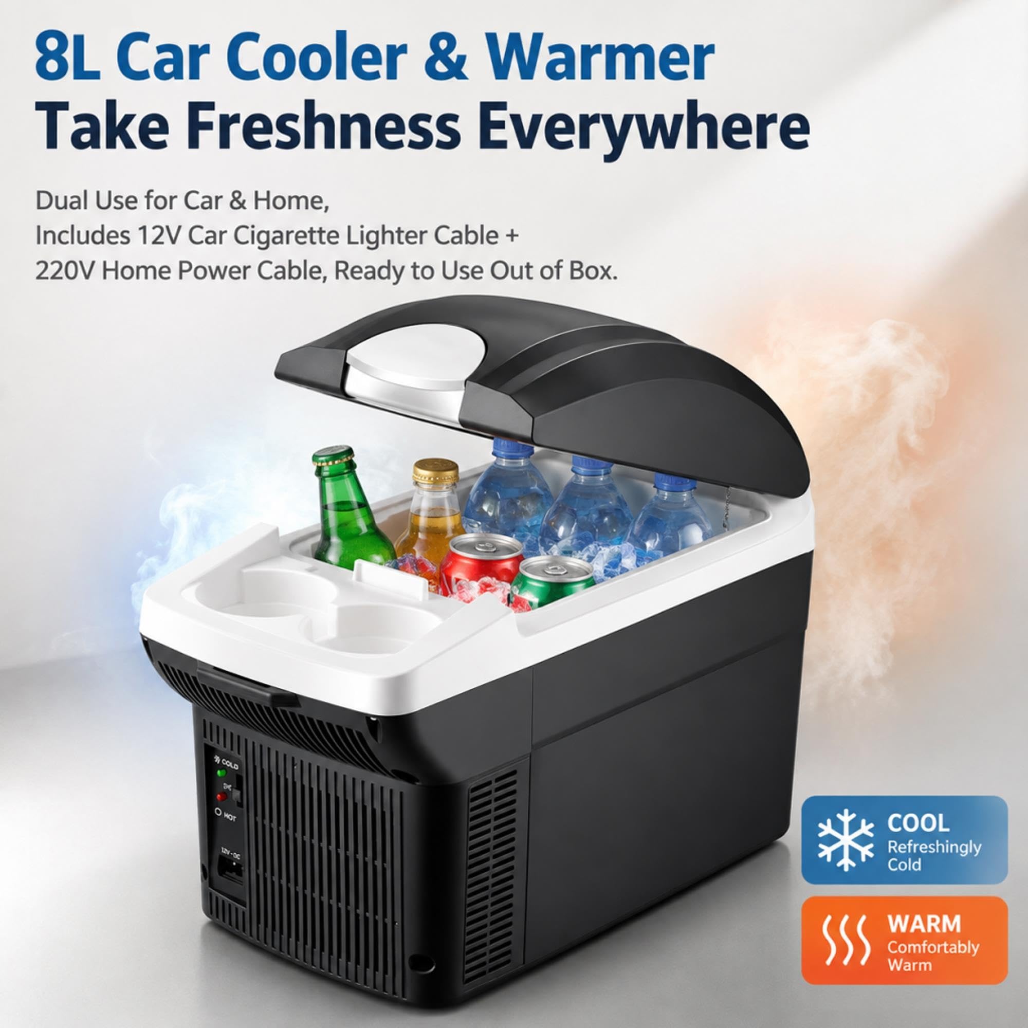 Frigo Portatile per Auto 8L Elettrico 12V/220V per Campeggio e Viaggi | Mini Frigo, Funzione Raffreddamento & Riscaldamento per Auto e Casa, Ideale per Bevande e Snack