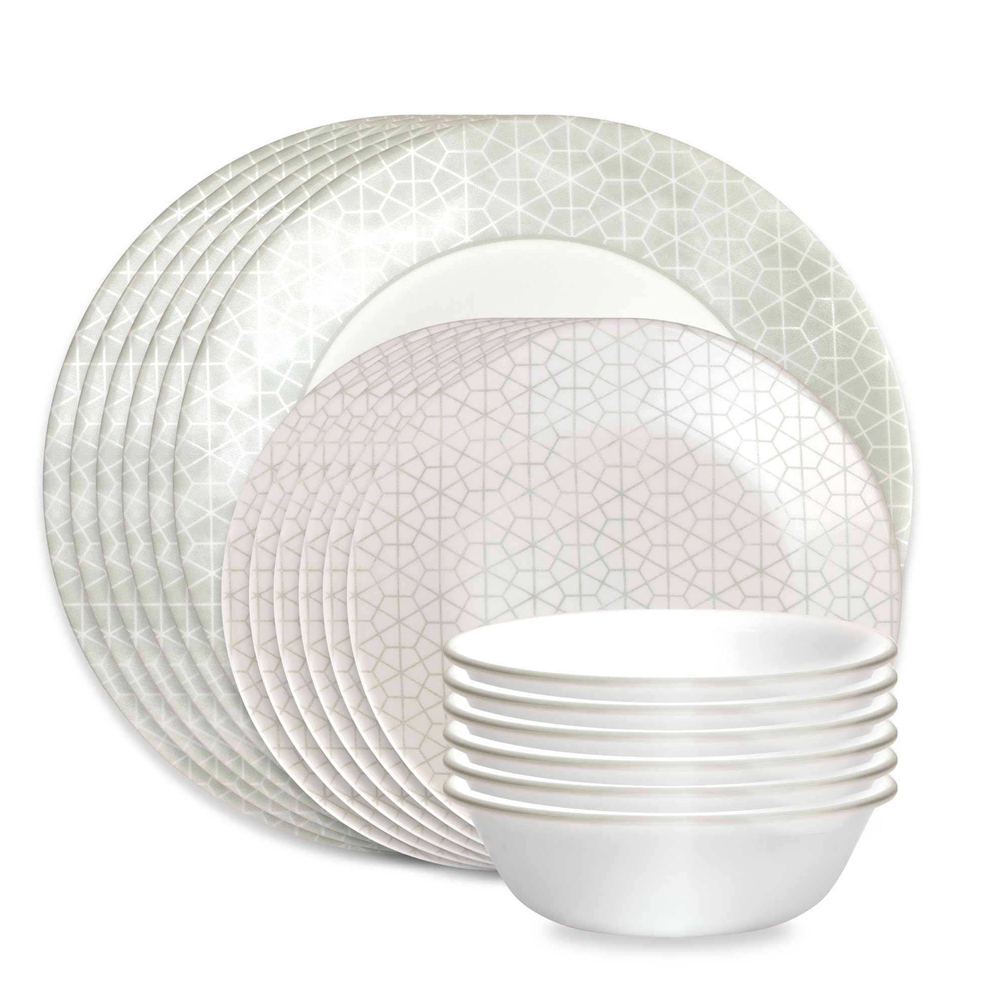 Corelle Vitrelle 18-teiliges Geschirrset aus Glas, Service für 6 Personen, dreilagig, splitter- und rissfest, Glasteller- und Schüssel-Sets, Knox