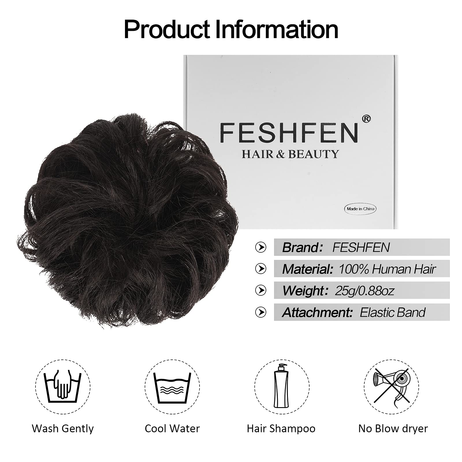 FESHFEN Human Hair Messy Buns, 100% Human Hair Bun Hair Piece Real Human Hair Extension Curly Hair Scrunchies Tousled Updo Hairpieces for Women Girls