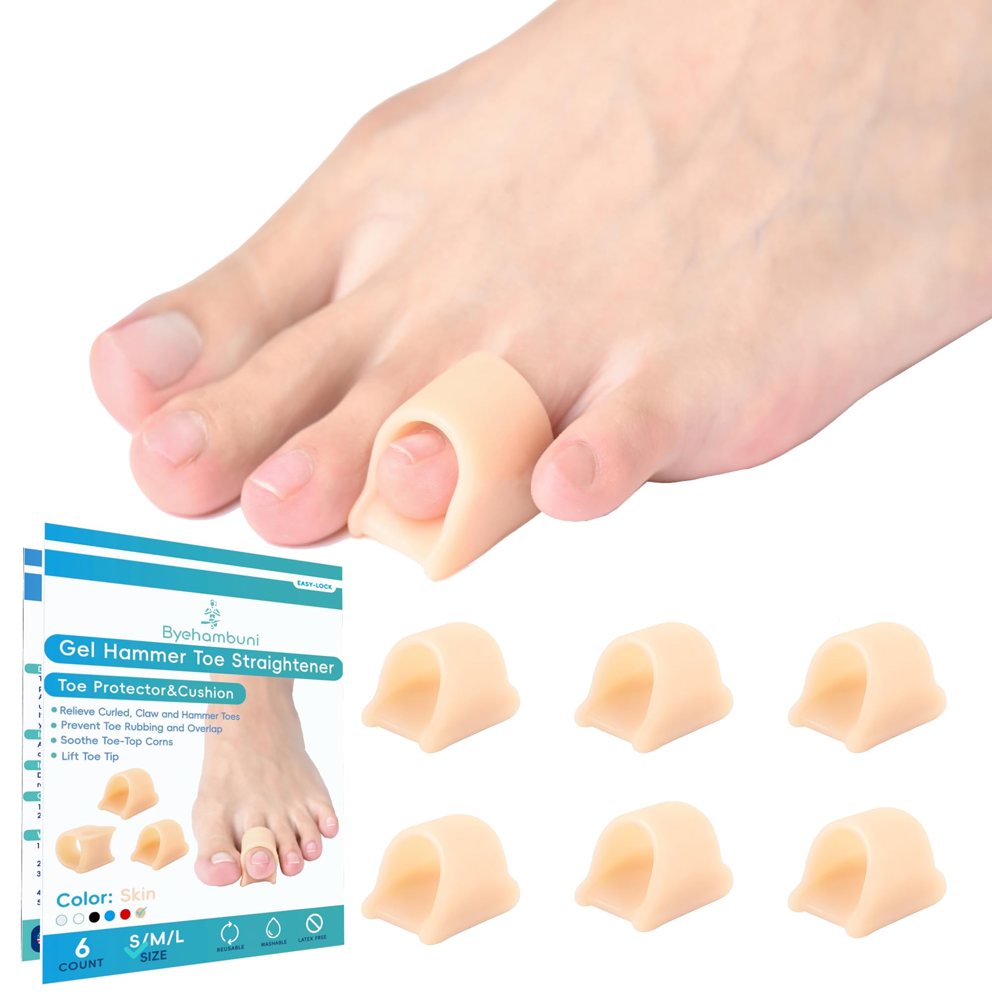 Byehambuni Pinky Hammer Toe Straightener – Correttore per dita a martello, per donne e uomini, raddrizzatore per dita dei piedi arricciate – Diametro del foro 1,3 cm – Beige, 6 pezzi di piccole