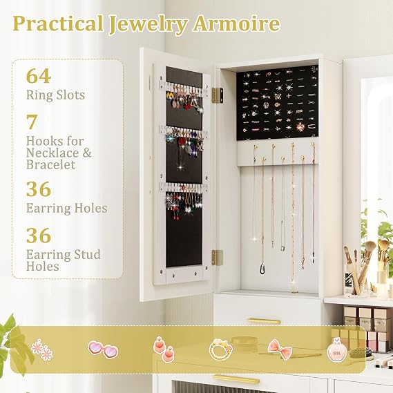 COSTWAY Dressing Table and Stool Set with 3-Color LED Lights Mirror, Adjustable Brightness, Jewelry Armoire, Cabinet, 4 Drawers & Charging Station, Bedroom Dresser Makeup Table Vanity Desk, White+Gold