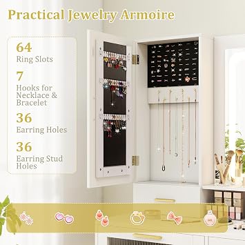 COSTWAY Dressing Table and Stool Set with 3-Color LED Lights Mirror, Adjustable Brightness, Jewelry Armoire, Cabinet, 4 Drawers & Charging Station, Bedroom Dresser Makeup Table Vanity Desk, White+Gold