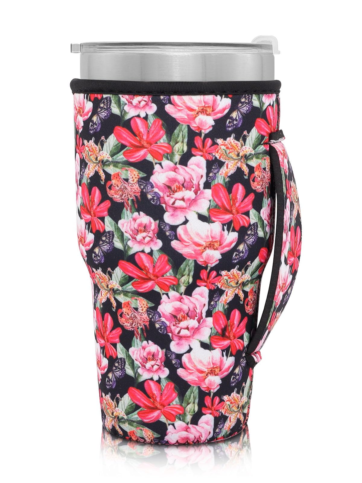 Reusable Iced Coffee Cup Sleeve Neoprene Insulated Sleeves Cup Holder with handle Idea for 30oz - 32oz Tumbler Cups, protein shake bottles(Only Cup Sleeves), Floral Prints