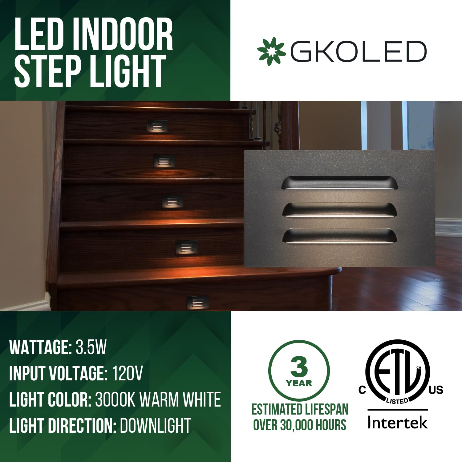 GKOLED 120V 110LM Dimmable LED Step Lights Indoor Outdoor, 3.5W Anti Glare Stair Lighting with Horizontal Louvered Faceplate, Waterproof, 3000K Warm White, Aluminum Black Finish, ETL Listed, 6 Pack