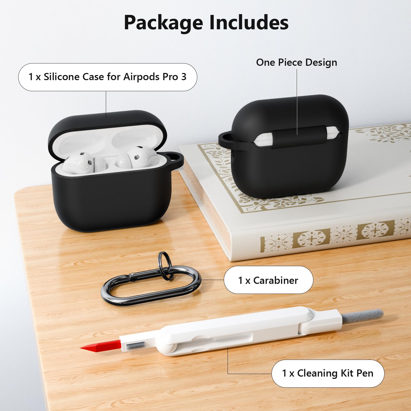 KOKOKA Funda de Silicona Compatible con AirPods Pro 3.ª Generación con Kit de Limpiador, Anti-rasguños, Anti-Polvo, Funda Case Silicona para AirPods Pro 3 con Mosquetón, LED Frontal Visible, Negro — view 7