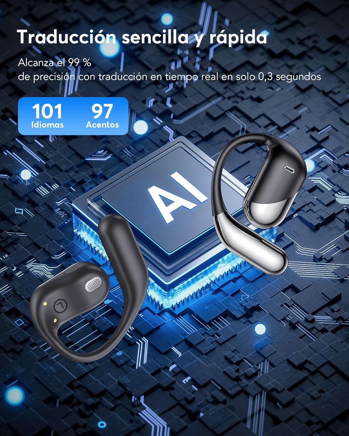 Paekole Auriculares Traductor en Tiempo Real con IA, Traductor Instantáneo de Voz 198 Idiomas, Auriculares Traductores Inalámbricos Abiertos 3 en 1, Bluetooth 6.1, 60H Batería para Reuniones y Viajes