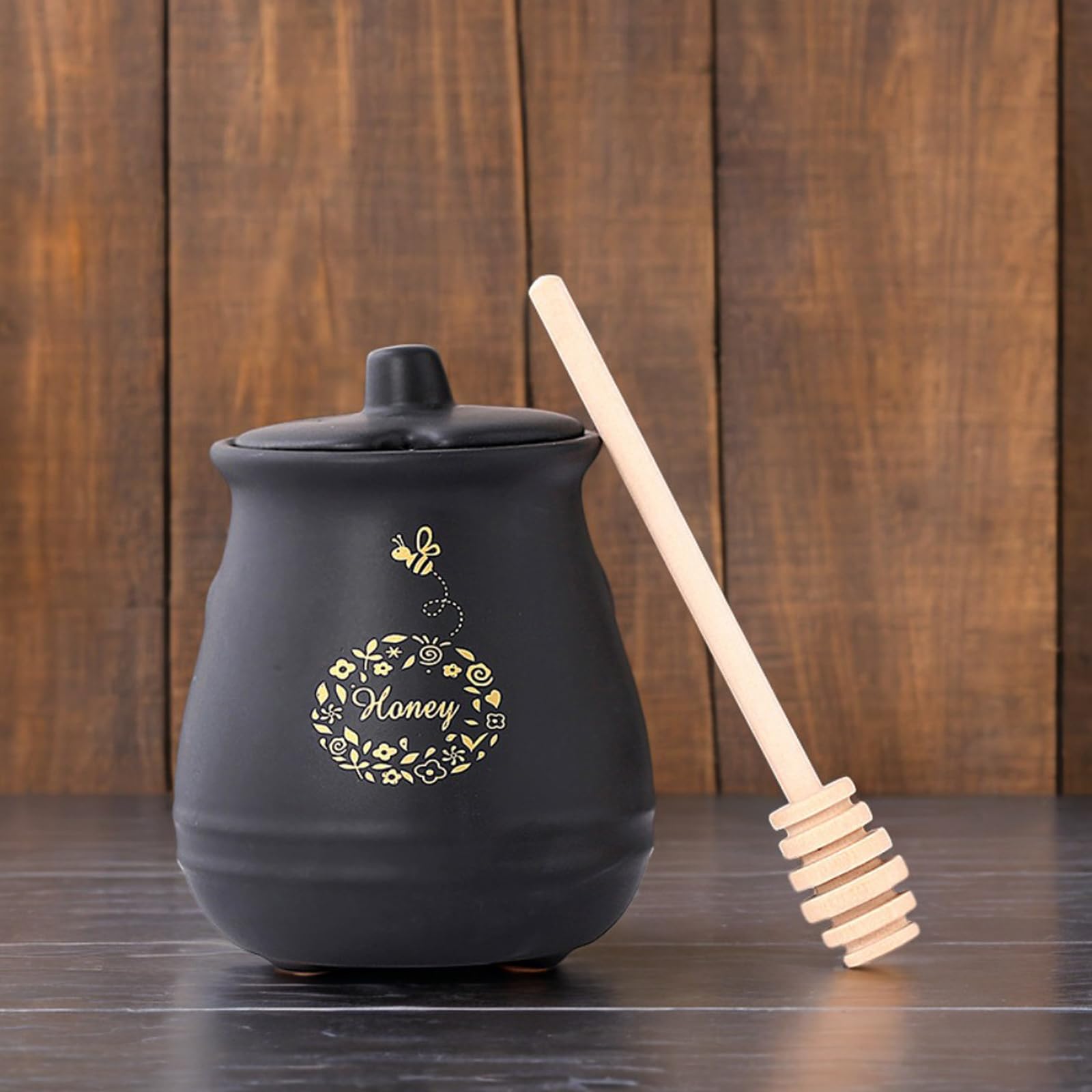 Tomuvpzn sirop pot de miel en céramique, cuillère à miel bois et Tomuvpzn sirop pot de miel en céramique, cuillère à miel bois et