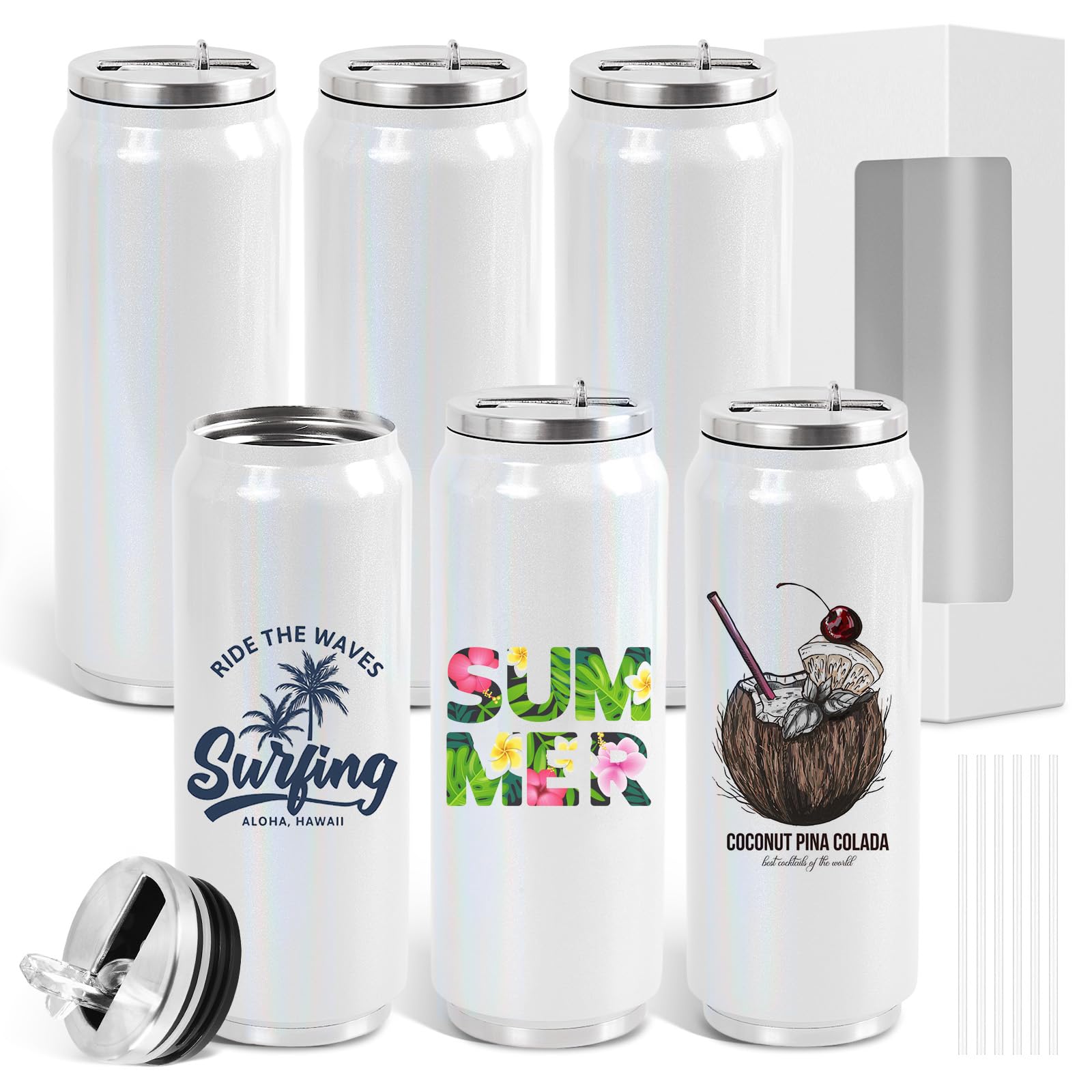 ColorSub 17 oz Sublimation Glitter Tumblers Cans, Stainless Steel Sublimation Blanks Tumblers, Double Wall Insulated Cups Set with Lid, Straw, Gift Box, 6 Pack White