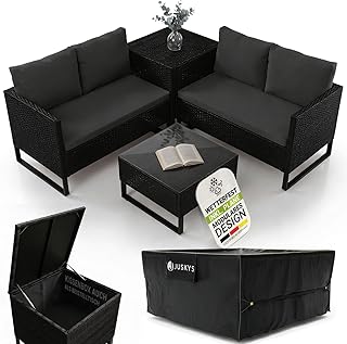Juskys® Outdoor Polyrattan Lounge Santorini inkl. Abdeckung - Gartenlounge mit Beistelltisch & Auflagenbox - Gartenmöbel Set Rattan Sitzecke wetterfest - Schwarz