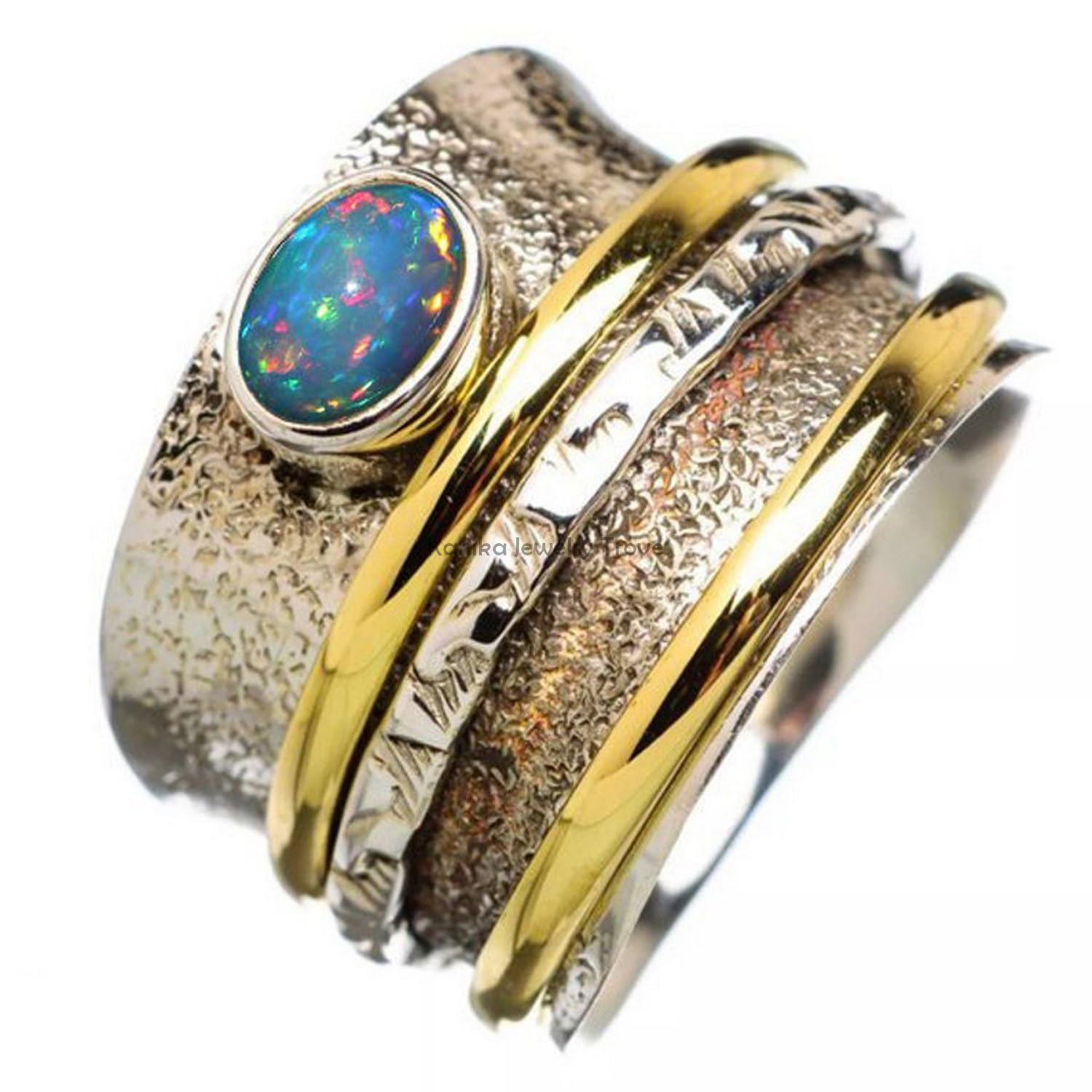 Anillos de plata de banda ancha para mujer,Ethiopian Opal Spinner Ring, Three Band Ring, Anxiety Ring, Sterling Silver Textured Ring, Statement Ring