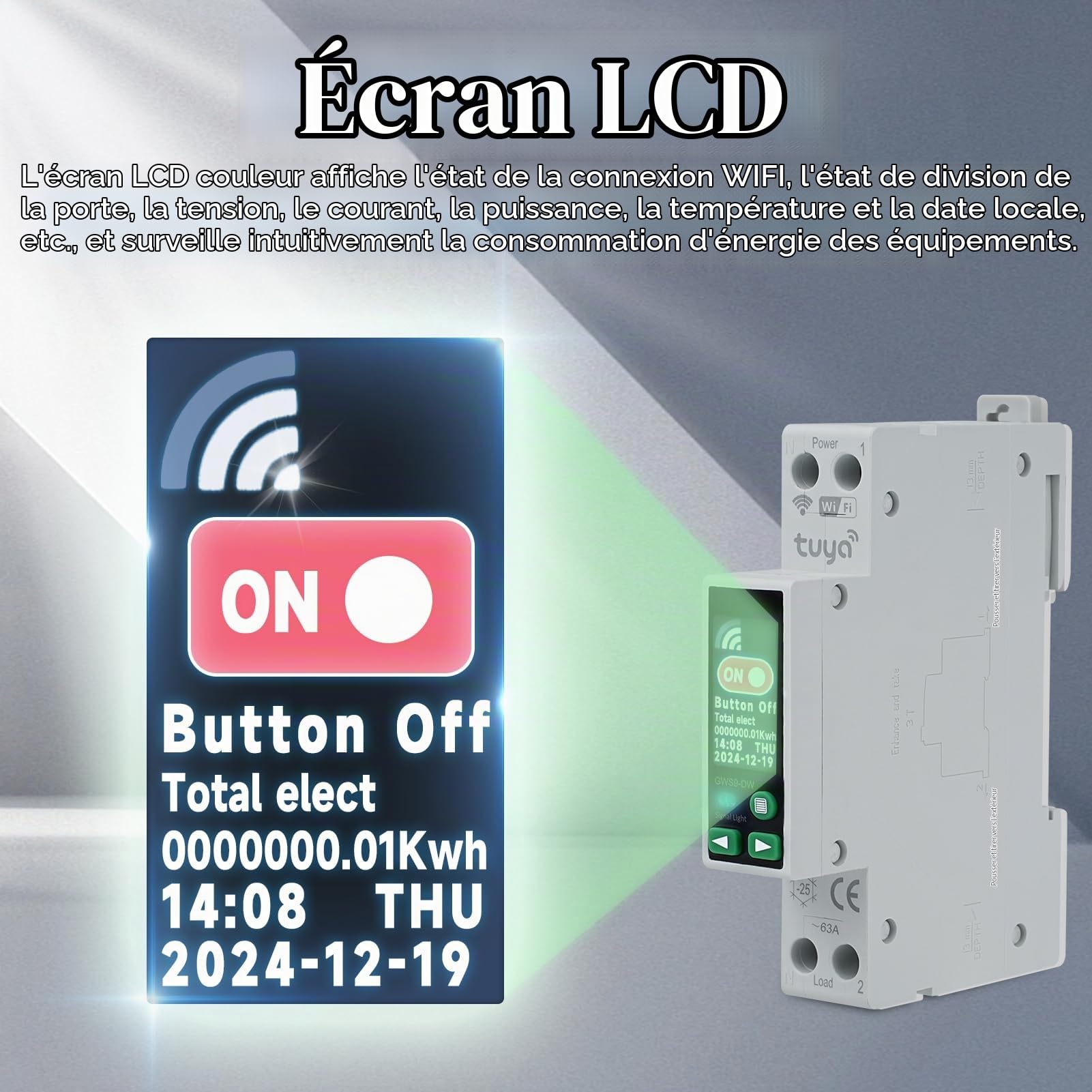DEWIN Disjoncteur WiFi rail DIN, Tuya WiFi Smart Circuit Breaker avec minuterie fonction Smart Meter et commande à distance pour Smart Home affichage LCD 40A AC 230V