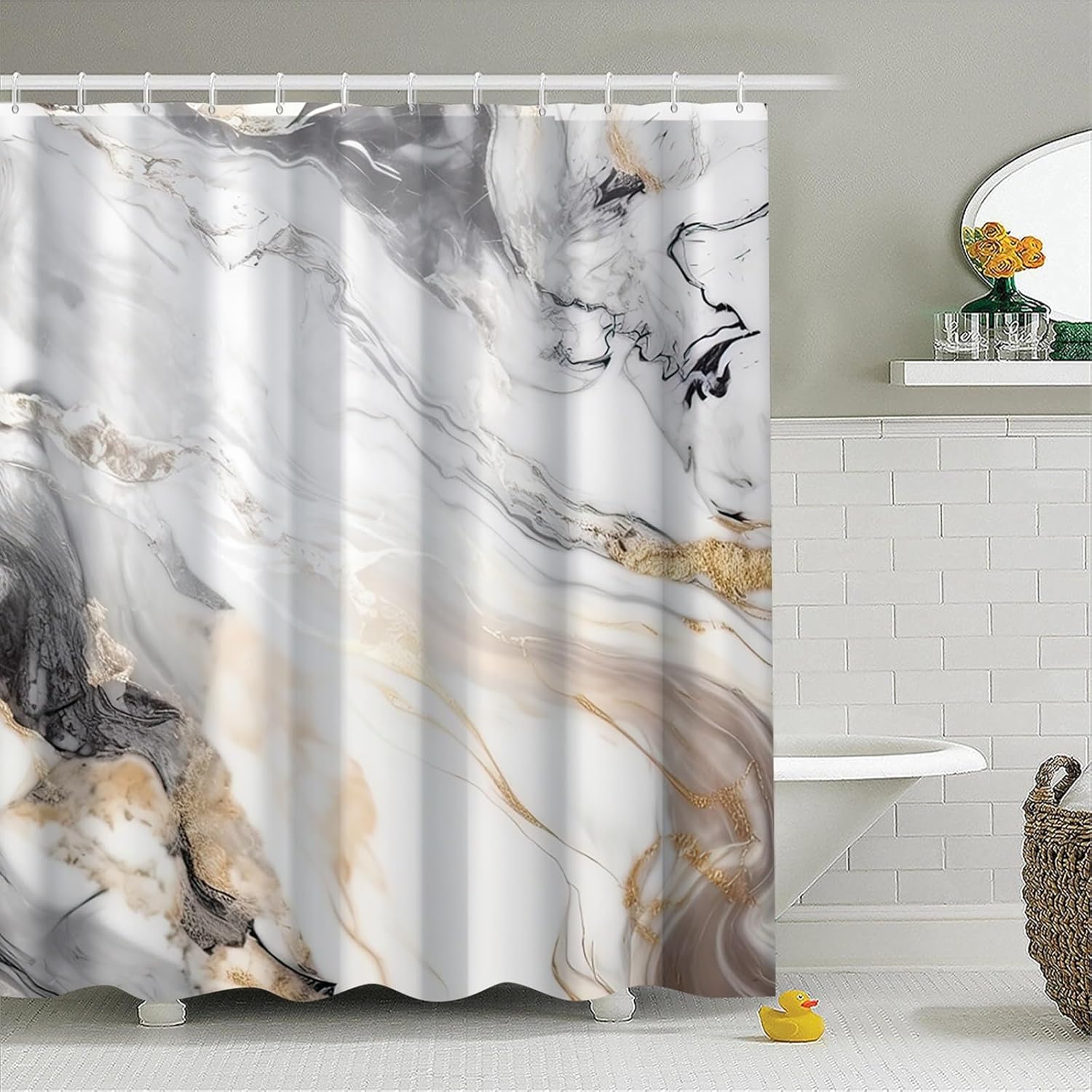 Marble Shower Curtain 72x72 inches for Bathroom Abstract White Ink Watercolor Bathtub Room Partition Hotel Decoration Modern Grey Waterproof Fabric Shower Curtains Set with Hooks