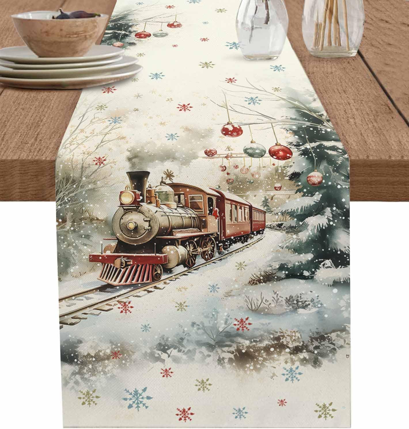 Table Runner 120 Inches Long Christmas Train Holly Woods Scene Lights Snowflakes Colorful Coffee Table Runner Kitchen Dining Table Decoration for Indoor Outdoor Home Party Holiday 13 x 120 Inch