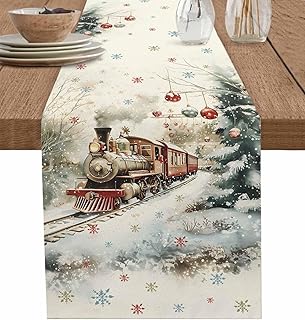 Table Runner 90 Inches Long Christmas Train Holly Woods Scene Lights Snowflakes Colorful Coffee Table Runner Kitchen Dining Table Decoration for Indoor Outdoor Home Party Holiday 13 x 90 Inch