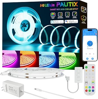 PAUTIX RGB COB LED Strip Light 32.8ft/10m,UL Listed 840LEDs/m 24V Multicolor Flexible Tape Light,Work with Alexa/Google Assistant Color Changing LED Strip Light,for TV,Bedroom,Party DIY Decoration