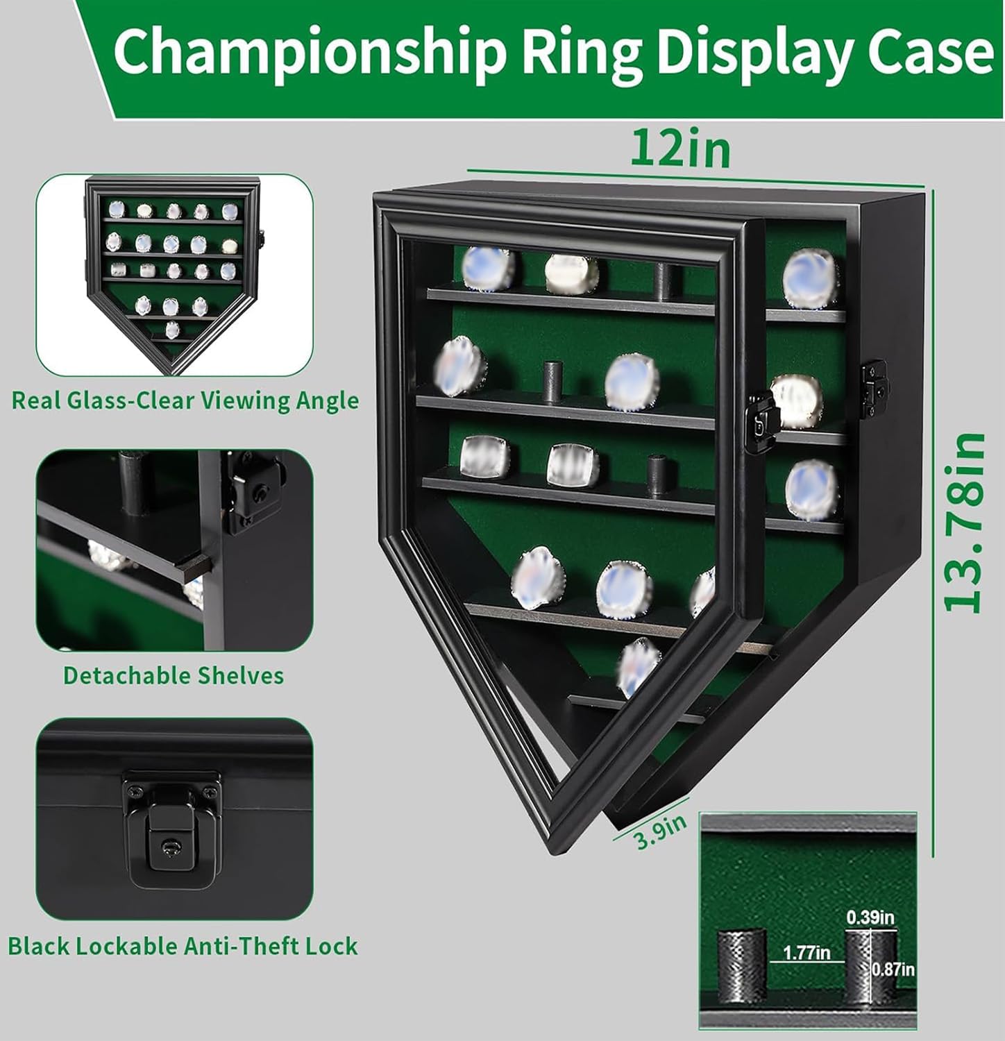 Grintus Championship Ring Display Case,19 Slots Baseball Ring Display Holder Case Wall Mount Wooden Trophy Ring Organizer Box with Lockable Real Glass Door for Collection Sports Champion Rings ,Black