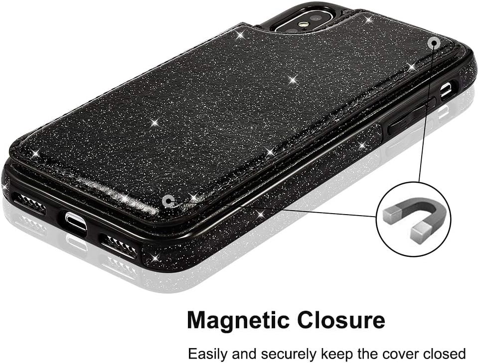 UEEBAI Case for iPhone XR, Premium Glitter PU Leather Case Back Wallet Cover [Two Magnetic Clasp] [Card Slots] Stand Function Durable Shockproof Soft TPU Case for iPhone XR - Black#2