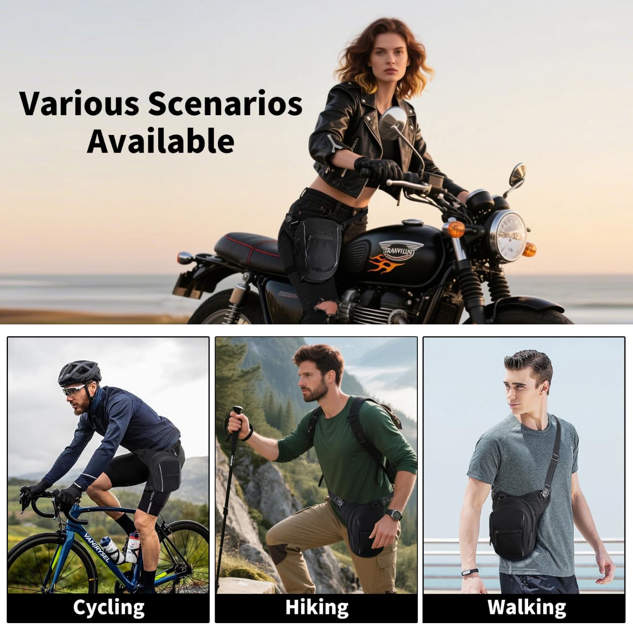 Marsupio da Gamba Moto Uomo e Donna Espandibile Borsa da Gamba con 2 Riflettente Marsupio Cosciale Borsello Sportivo con Multitache per Trekking Ciclismo Viaggio Campeggio Pesca (nero)