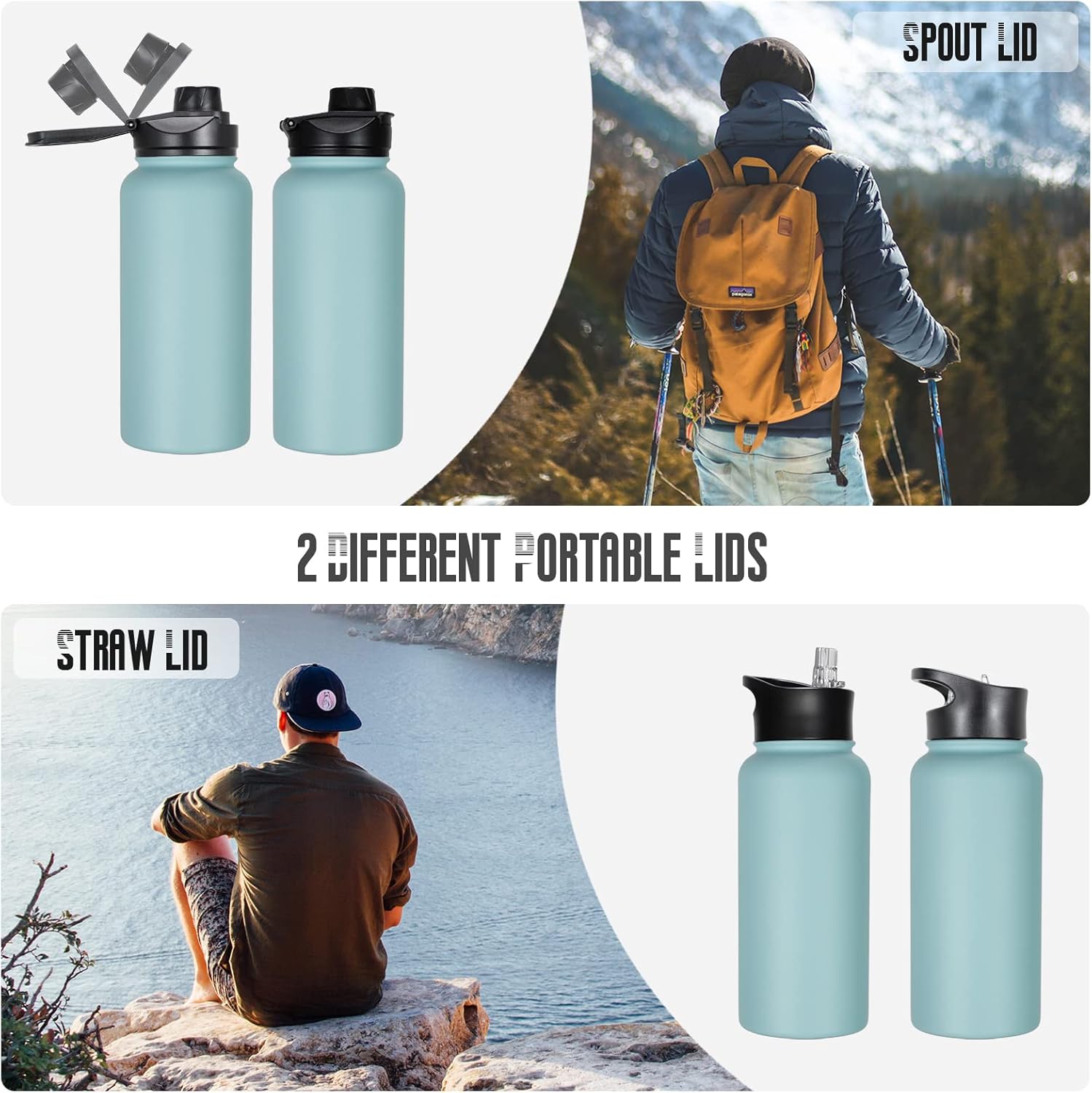 32 oz Insulated Water Bottle Bulk 8 Pack, Stainless Steel Sports Water Bottles with Straw Lid & Wide Mouth Lids, Double Walled Vacuum, Leak Proof, Turquoise Blue