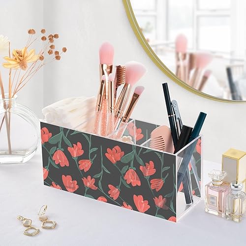 Miniatura 5 de Red Flower Acrylic Pen Holder 4 Compartments 7.87x2.48x3.5 Inch Clear Pencil Holder for Desk Makeup Brush Organizer Office Home Supplies