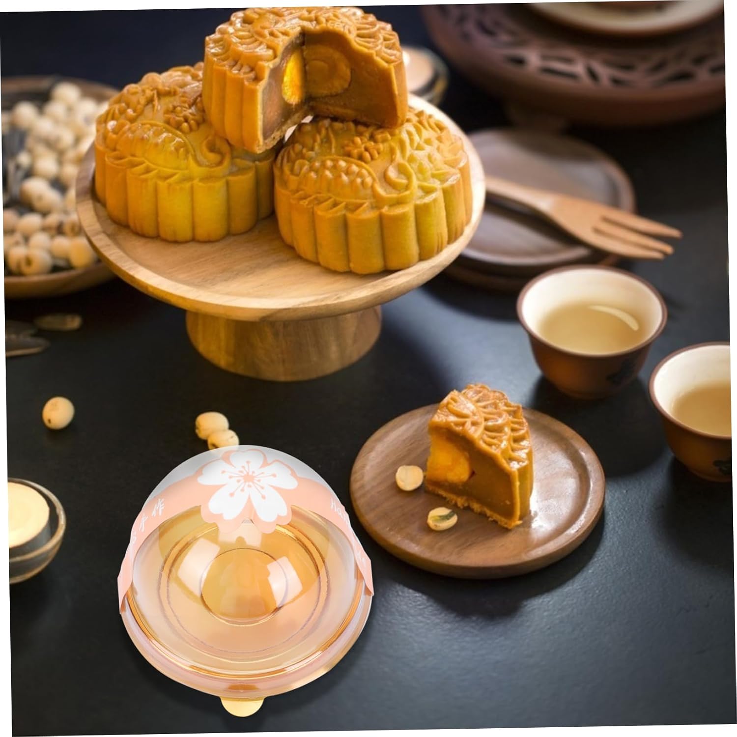 50sets Egg-yolk Puff Box Moon Cake Box Sakura Stickers Round Cake Packaging for Wrapping