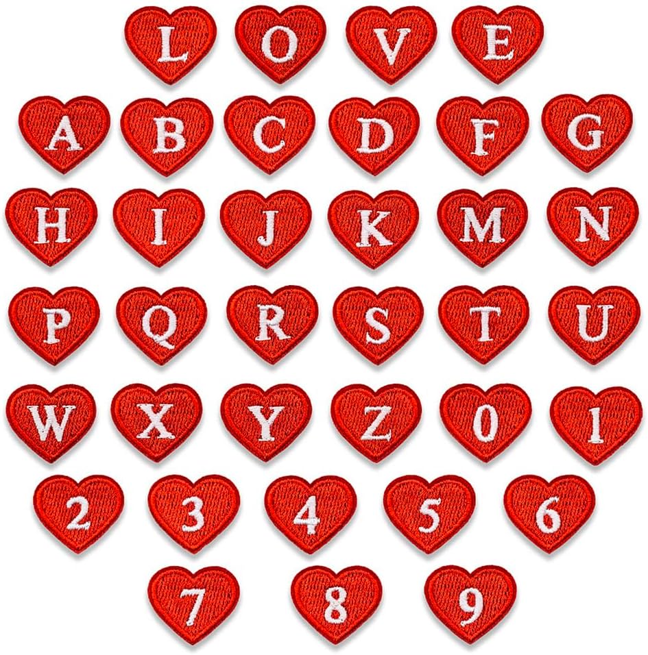 72pcs Heart Iron on Letter and Number Patches, 2 Sets A-Z Letter Patches and 2 Sets 0-9 Number Embroidered Patches for Clothes Backpacks Jackets Hats Red