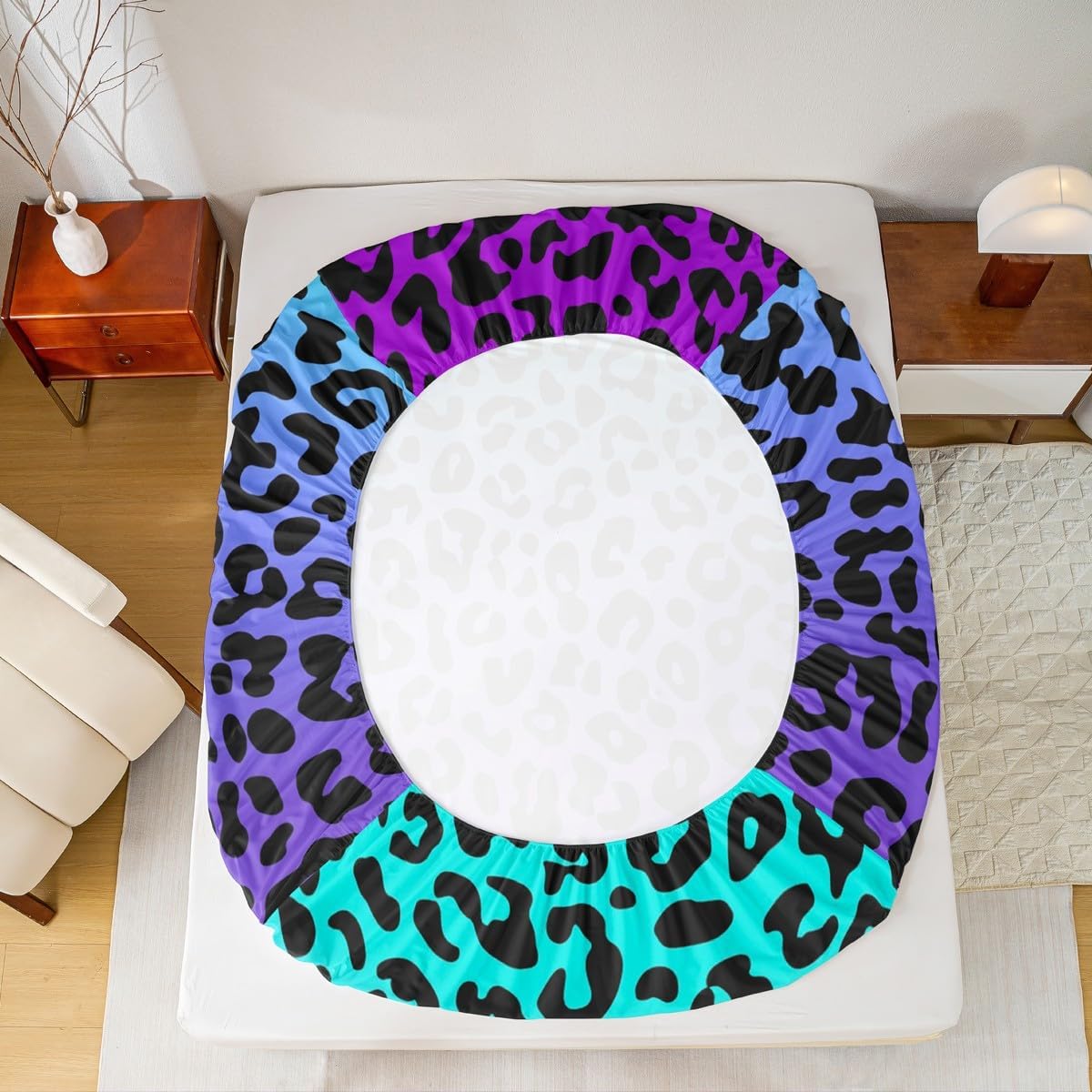 Leopard Print Fitted Sheet Full Size,Wild Animals Cheetah Skin Texture Bedding Set,Kids Girls Beauty Woman Room Decor,Blue Purple Gradient Bed Cover,Romantic Chic Bed Sheet,2 Pillowcases