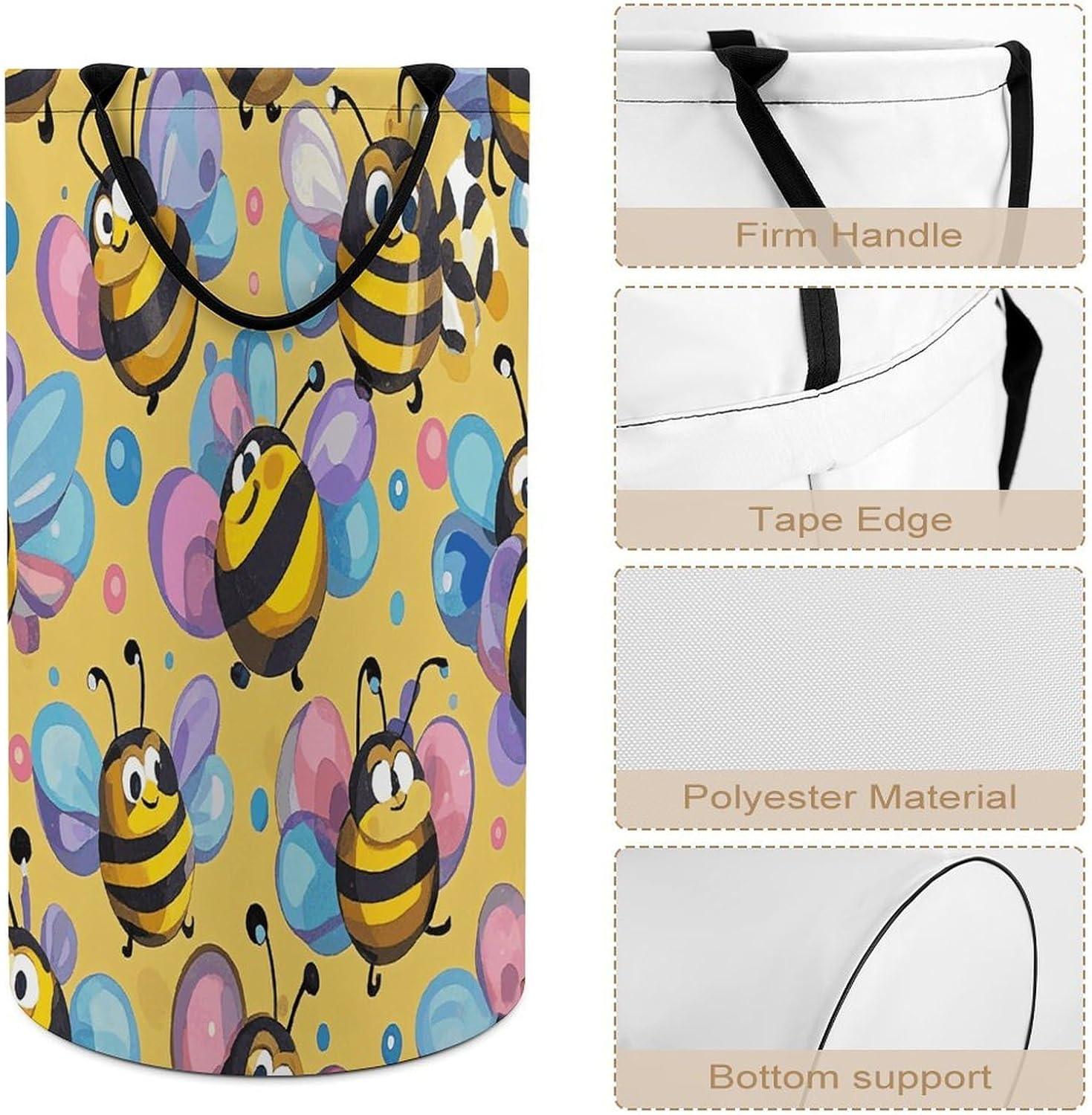 Cartoon Bee Pattern Laundry Hamper Fashion Dirty Laundry Hamper Portable Laundry Hampers with Handles Lightweight Large Clothes Storage Basket for Bedroom Bathroom