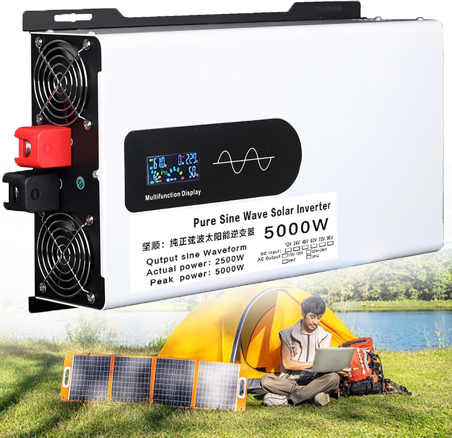 High Power Pure Sine Wave Inverter 5000W 6000W 8000W - Solar DC to AC Voltage Converter 12V 24V 48V 60V 72V for Home & Car - Display for Trucks & Auto (5000W, 48V to 110V)