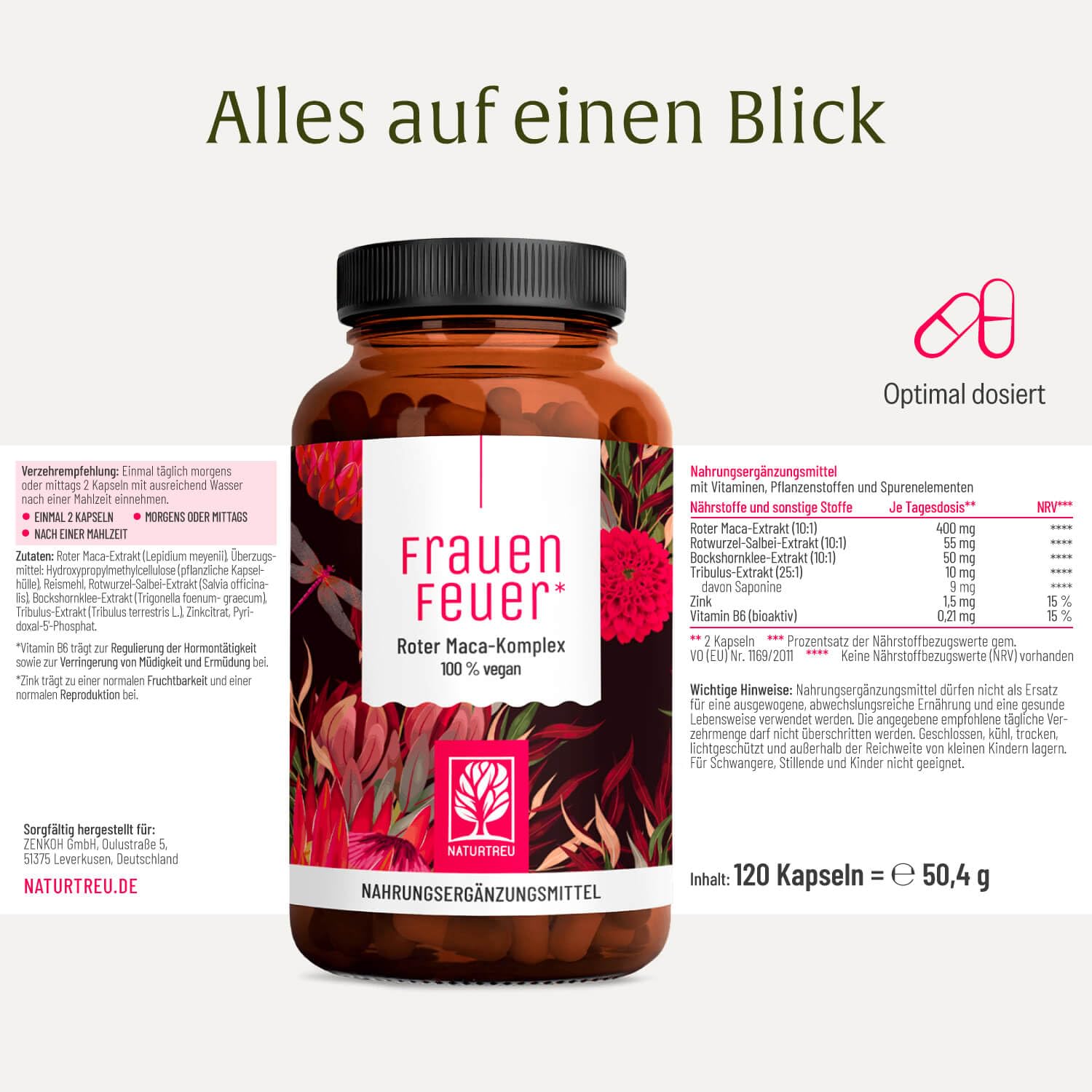Maca Extrakt Rot 10:1 hochdosiert - Maca Komplex mit Salbei, Tribulus, Bockshornklee, Vitamin B6 & Zink für Frauen - 240 Kapseln - vegan