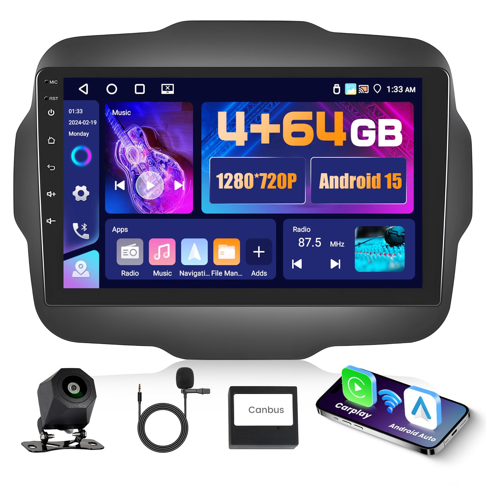 5G WiFi 4+64G Android Autoradio per Jeep Renegade 2016-2020, 9 Pollici IPS Touch Screen Stereo Auto con Wireless Carplay Android Auto Bluetooth5.0 FM/RDS GPS SWC AHD Retrocamera