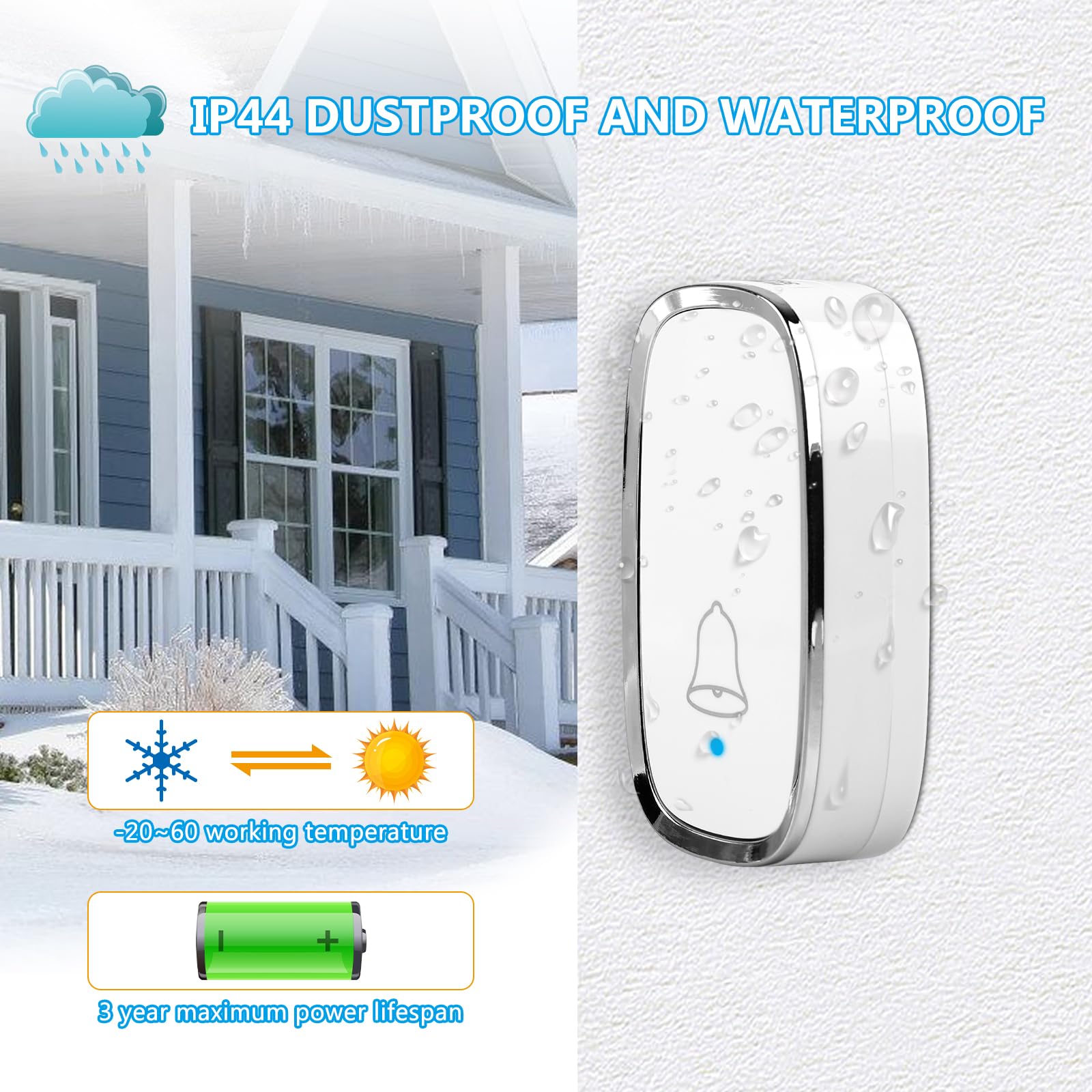 Timbre Inalámbrico Exterior Impermeable Casa: Timbre Inalámbrico Interior, Timbre Puerta, 1 Transmisor y 2 Receptores, Doorbell con Indicador LED, 58 Melodías, 5 Volumen, Alcance a 300m, Blanco