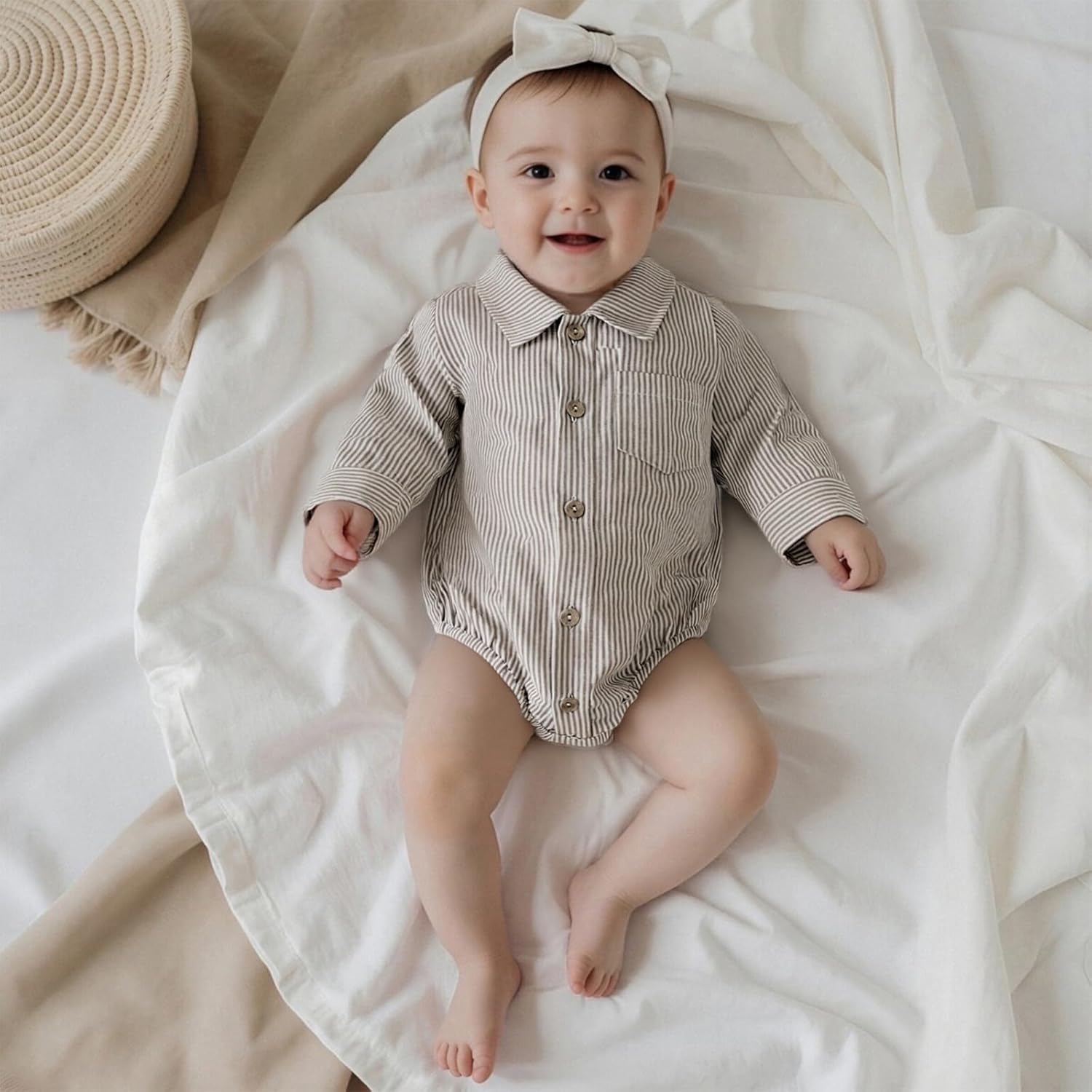 Sasaerucure Newborn Baby Boy Clothes Turndown Collar Striped Long/Short Sleeve Romper Button Up Jumpsuit Shirt Bodysuit - Image 2