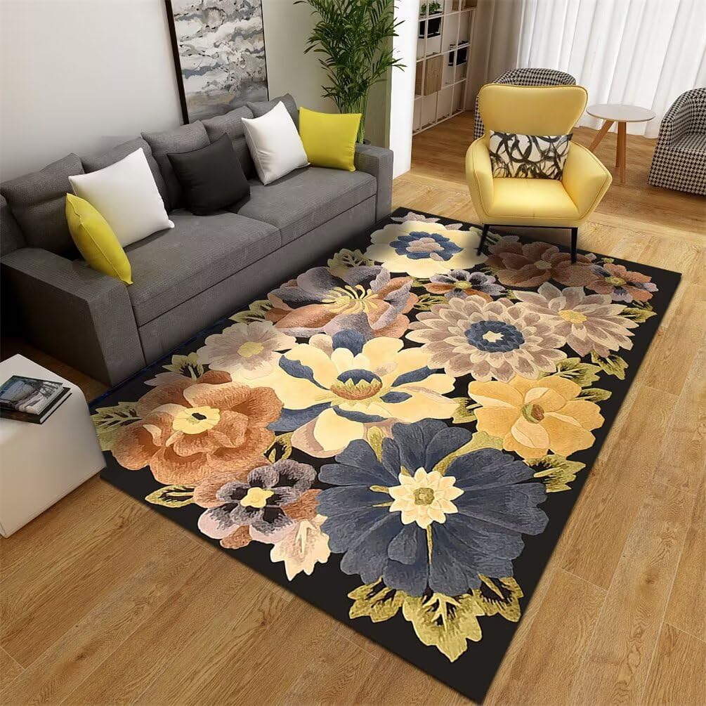 Tapis d'entrée intérieur moelleux 80x140 cm style floral noir pour hall