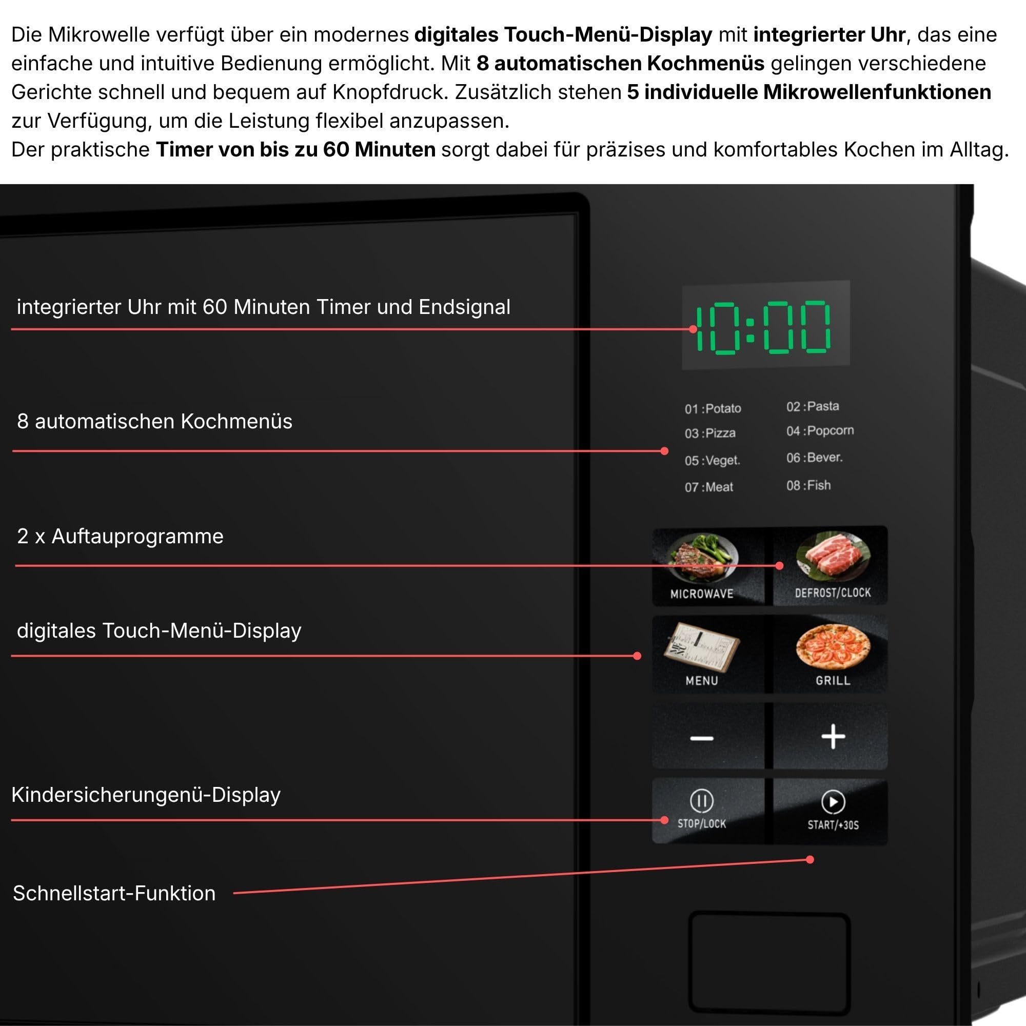 Einbaumikrowelle 60 cm | Einbau Mikrowelle 25 Liter | Full Touch | 1200W Grill | Glasrahmen | Edelstahl | inkl. Grillrost und Drehteller
