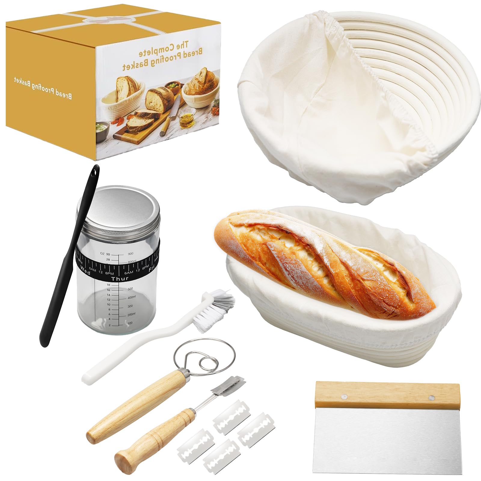 Brood Rijsmand – 8-delig set voor thuis met 2 bakjes, gistpot, moedermelkmes, spatel, deegzweep, deegborstel en groeimeter