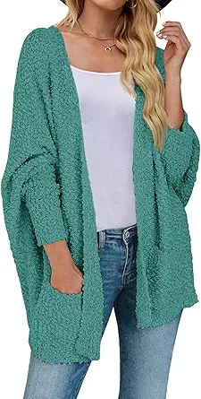MEROKEETY Women's 2023 Winter Fuzzy Popcorn Batwing Sleeve Cardigan Knit Oversized Sherpa Sweater Coat