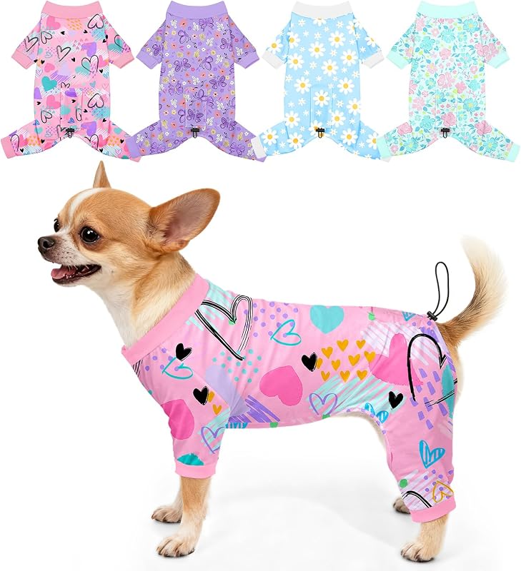 Pijama para Cães Bienbee com Ajuste nas Costas e Estampas Divertidas, Pacote com 4, Tamanho XS