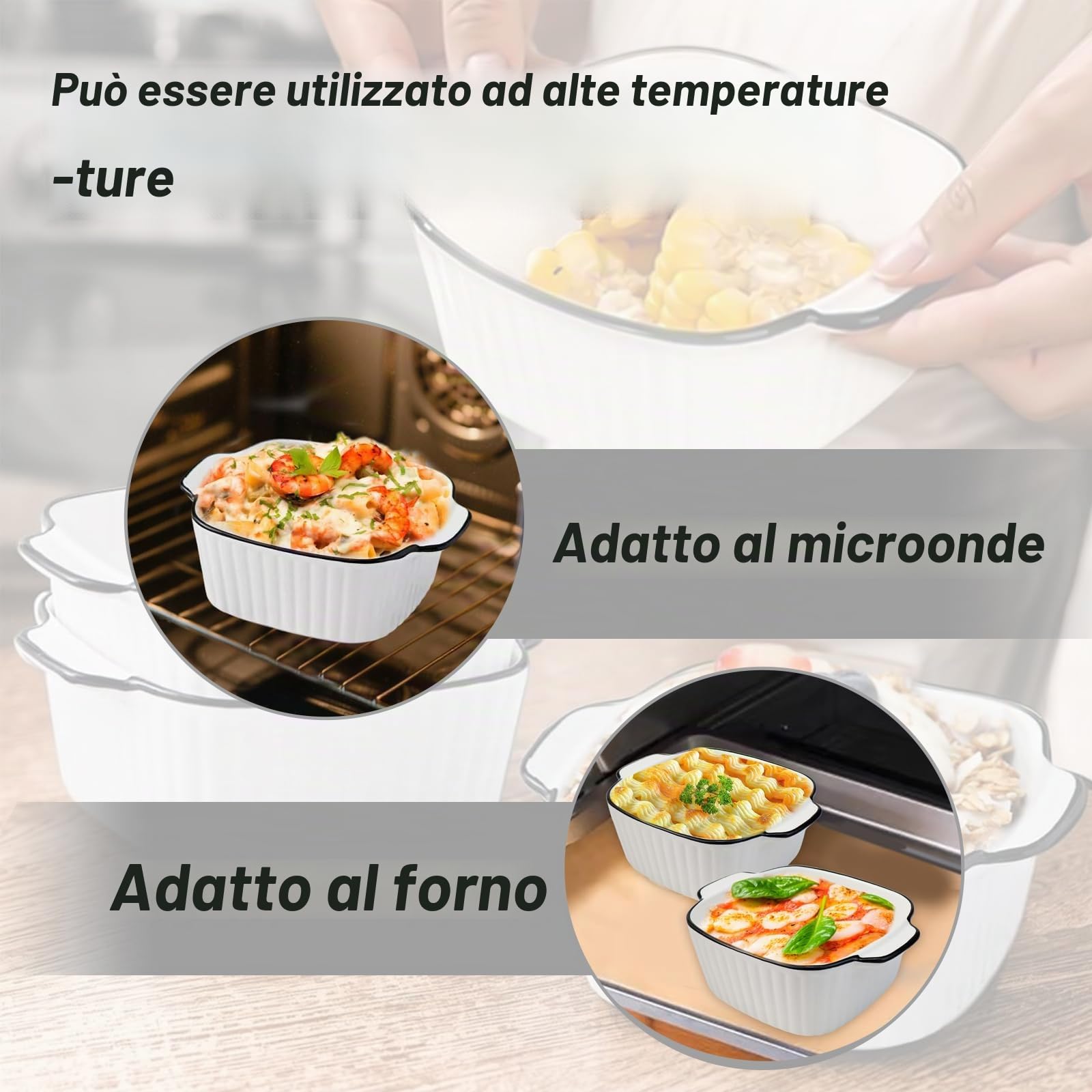 Teglia da forno in ceramica, 400 ml, set da 4 pezzi, piccole pirofile, con manici, 14,9 x 11,5 x 5,7 cm, piccola teglia in ceramica, per forno, microonde