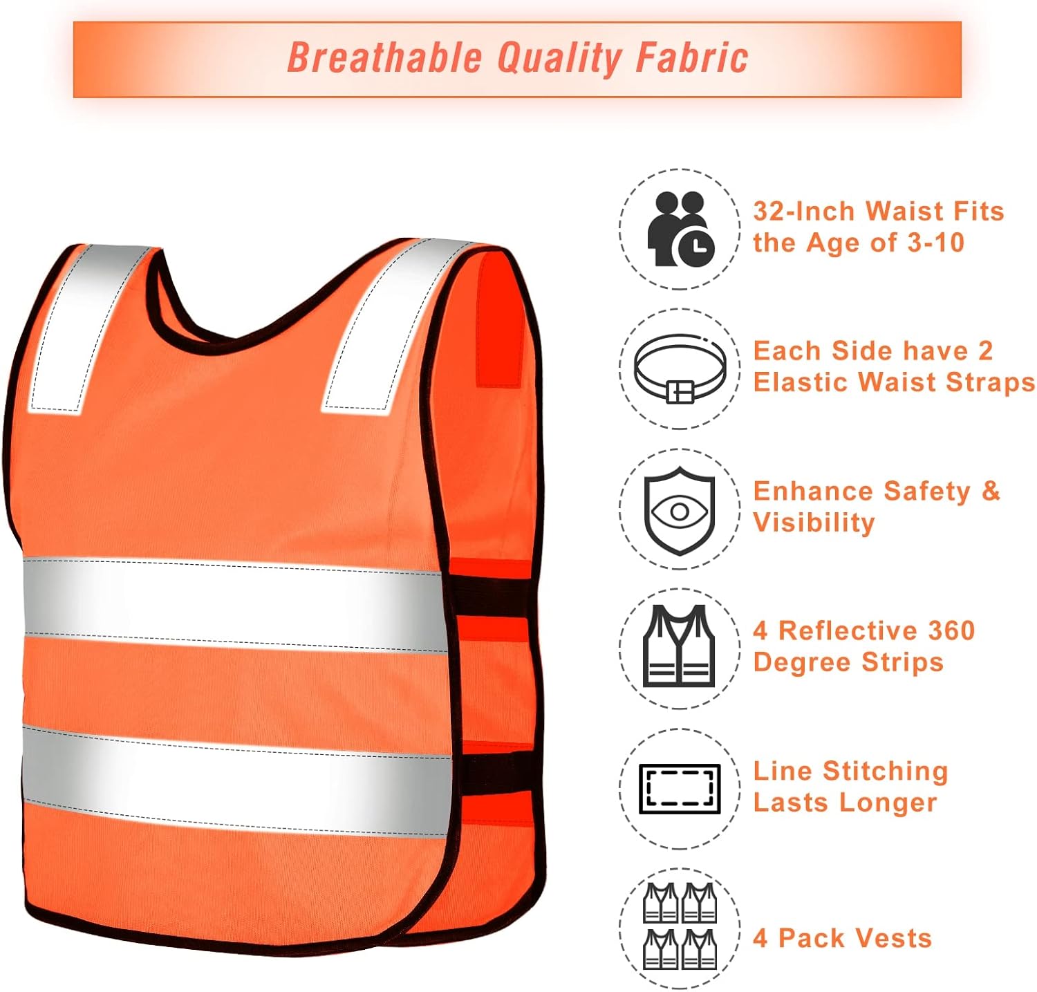 Flutesan 4 Pack Kids Reflective Vest Child Safety Visibility Vest Kids Safety Construction Sleeveless for Cycling Ski Running(Orange) - Image 3
