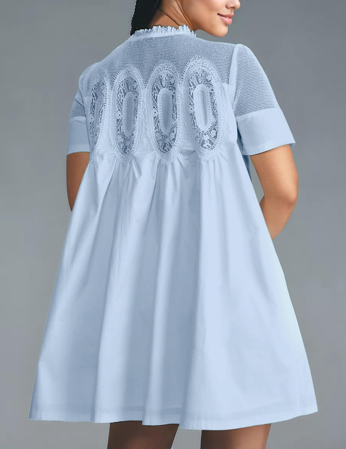Womens Summer Lace Mini Babydoll Dress Ruffled Collar Short Sleeve Loose Mesh Swing Elegant Flared Sundress