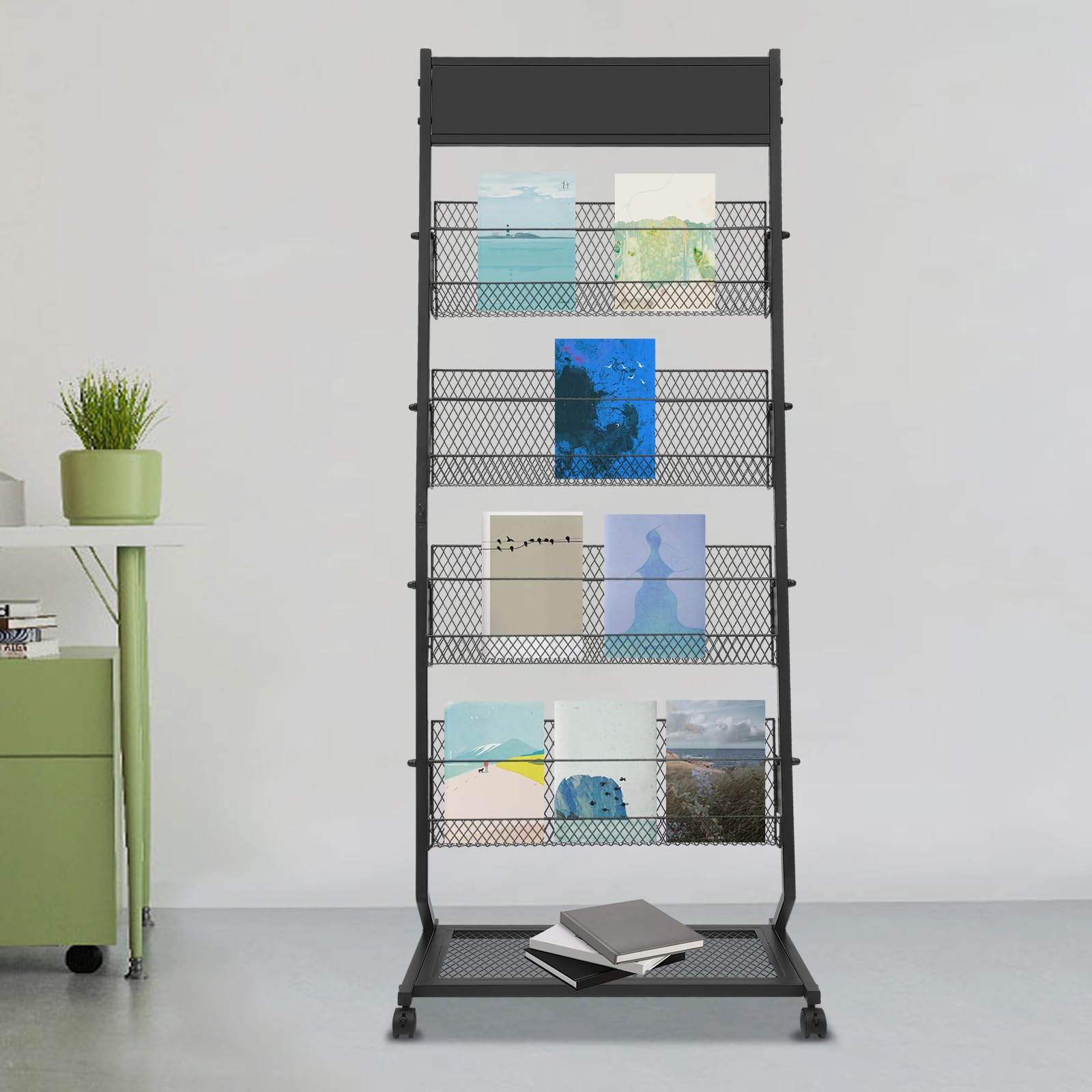 Porte-revues à 5 niveaux - 63,5 x 36,8 x 165,9 cm - Présentoir à prospectus avec 4 roues - Présentoir de littérature au sol - Pour foires, hôtels, réceptions