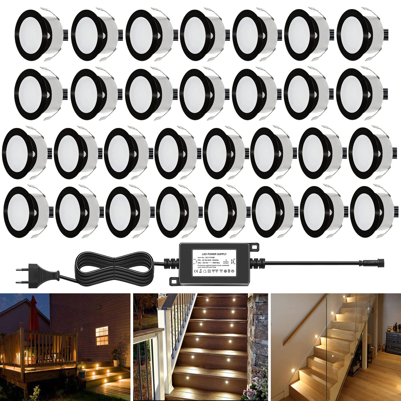 Spots LED Eclairage,Encastrable Extérieur IP67 Acier inoxydable Noir- Spots à Encastrer pour Terrasse Bois Plafond 0,6W DC12V lumière Spot LED Lampe Extérieur [ (blanc chaud, 30 kit)