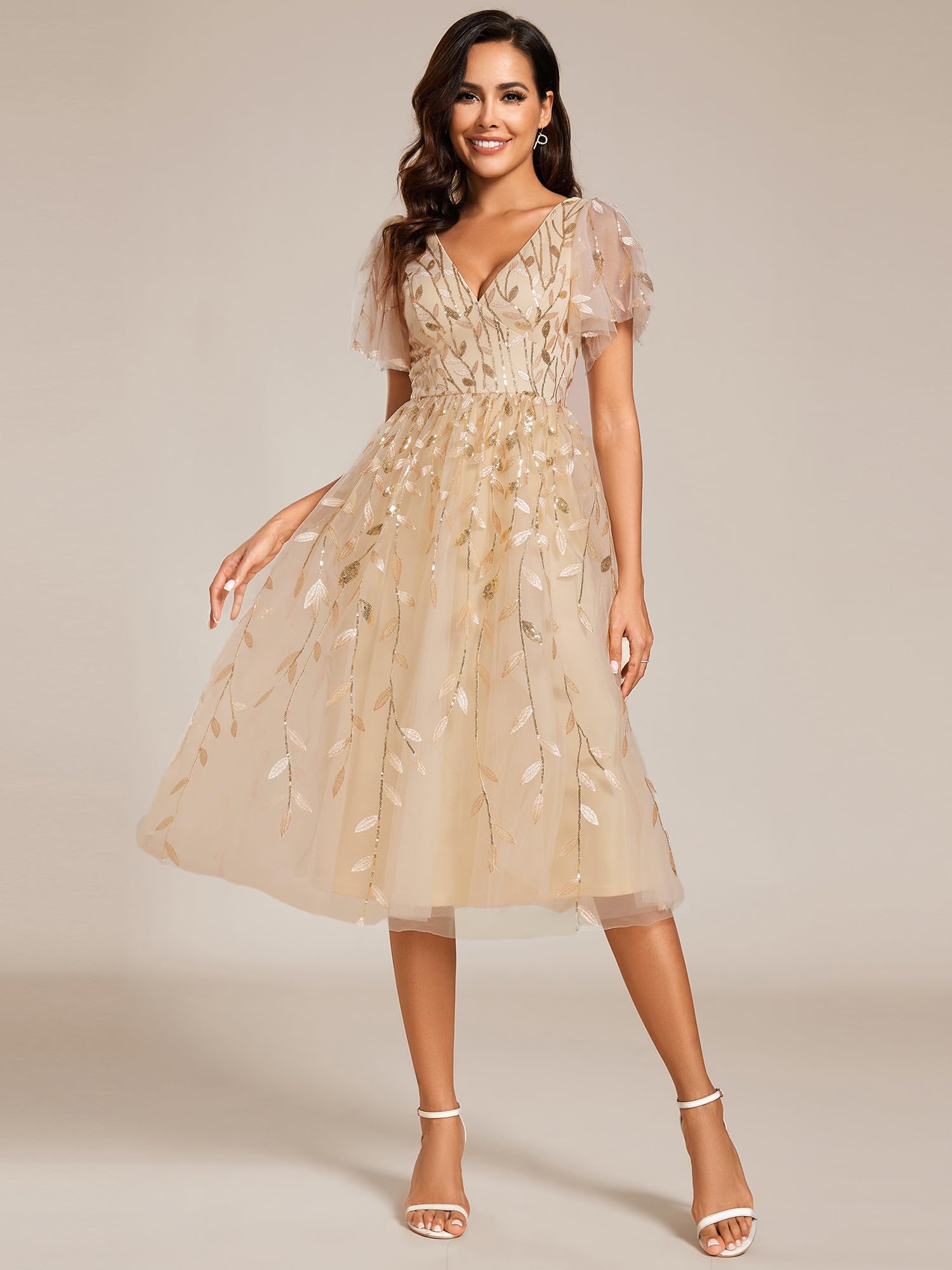 Ever-Pretty Robes d'invité de Mariage Col en V Manches Courtes Paillette Midi Robe évasée EG02230
