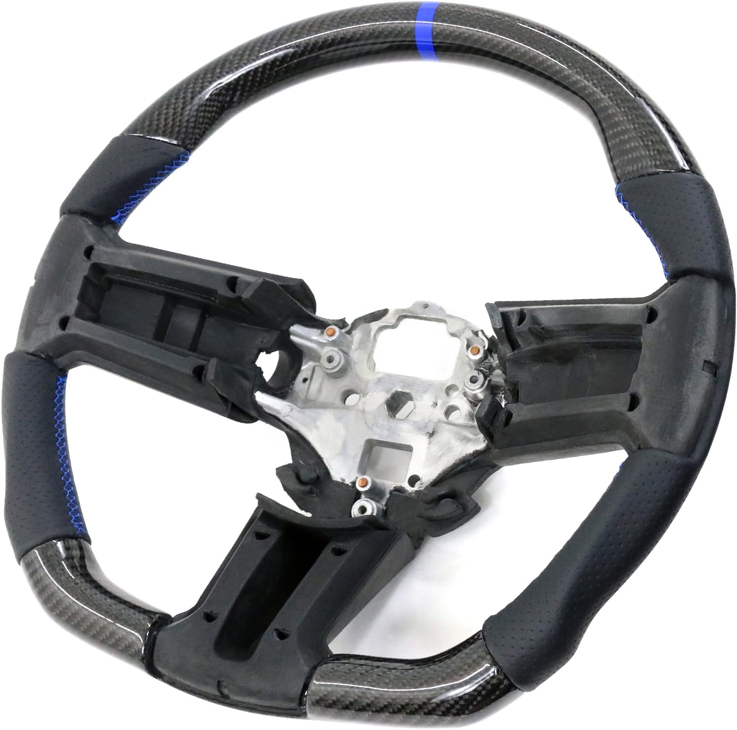 IKON MOTORSPORTS, Steering Wheel Compatible with 2010-2014 Ford Mustang, Steering Wheel Bodykit Replacement Carbon Fiber & Leather Blue Stitch & Indicator, 2011 2012 2013
